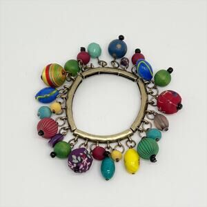 Gold Tone Elastic Bracelet with Colorful Multicolor Dangle Beads